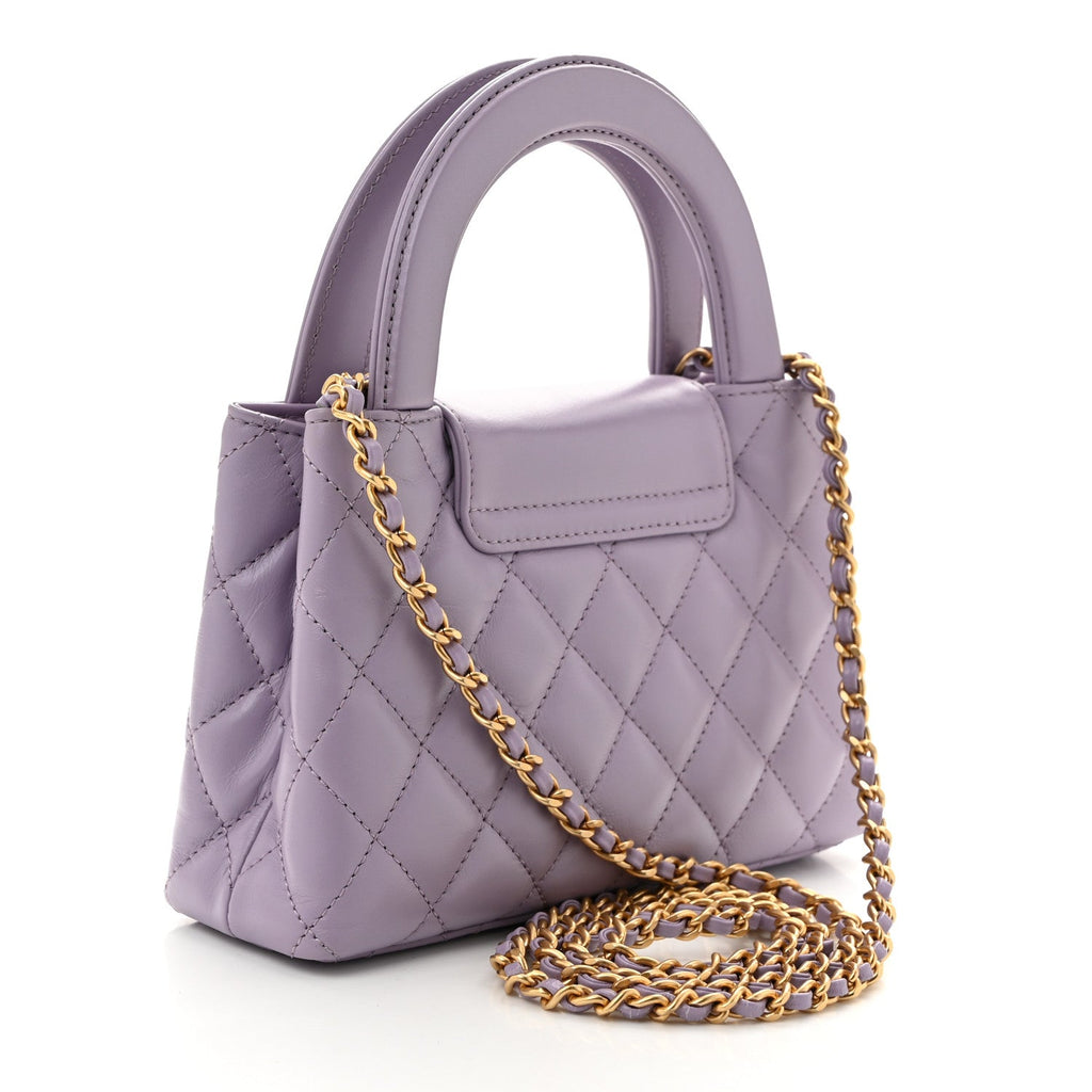 Shiny Aged Calfskin Quilted Nano Kelly Shopper Lilac