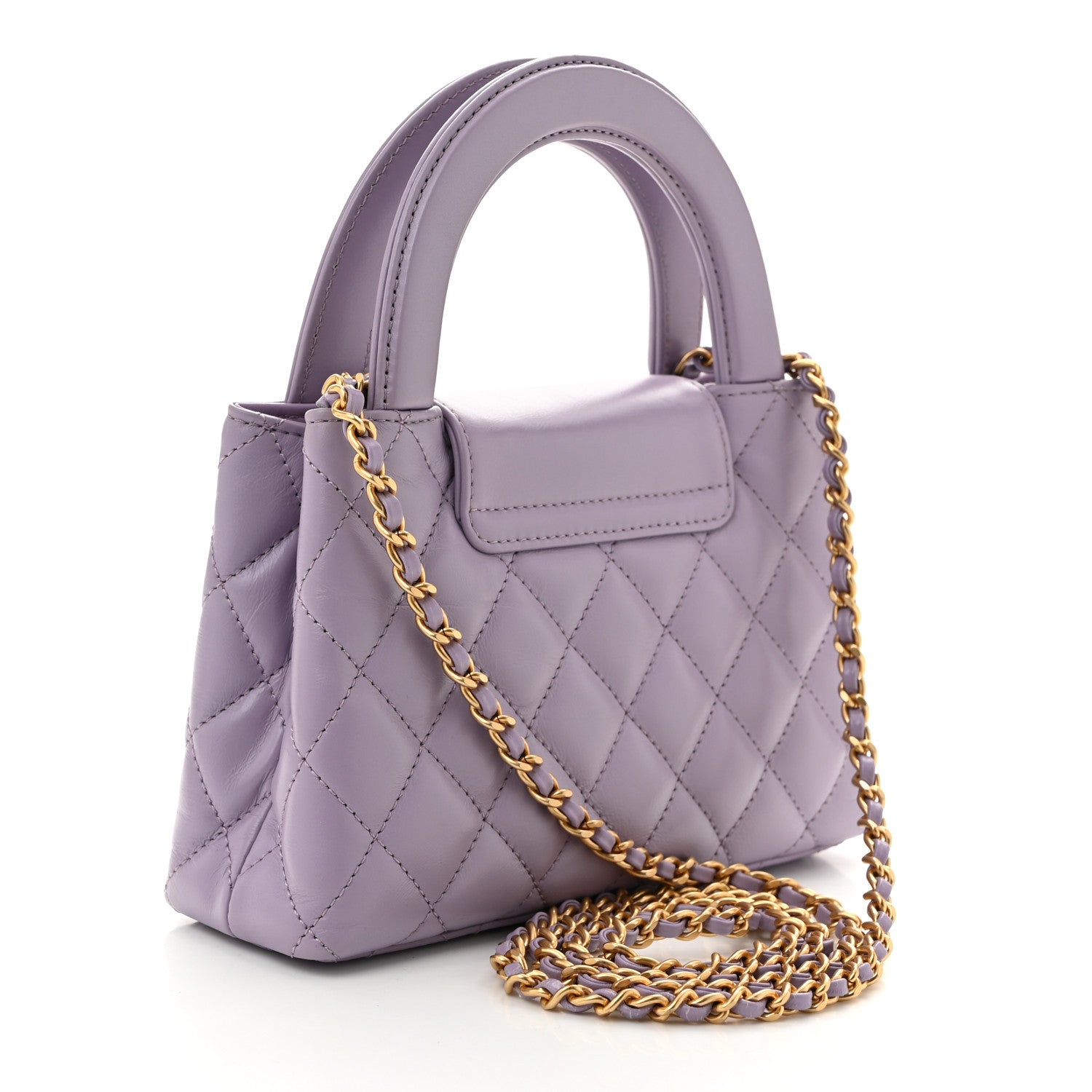 Shiny Aged Calfskin Quilted Nano Kelly Shopper Lilac
