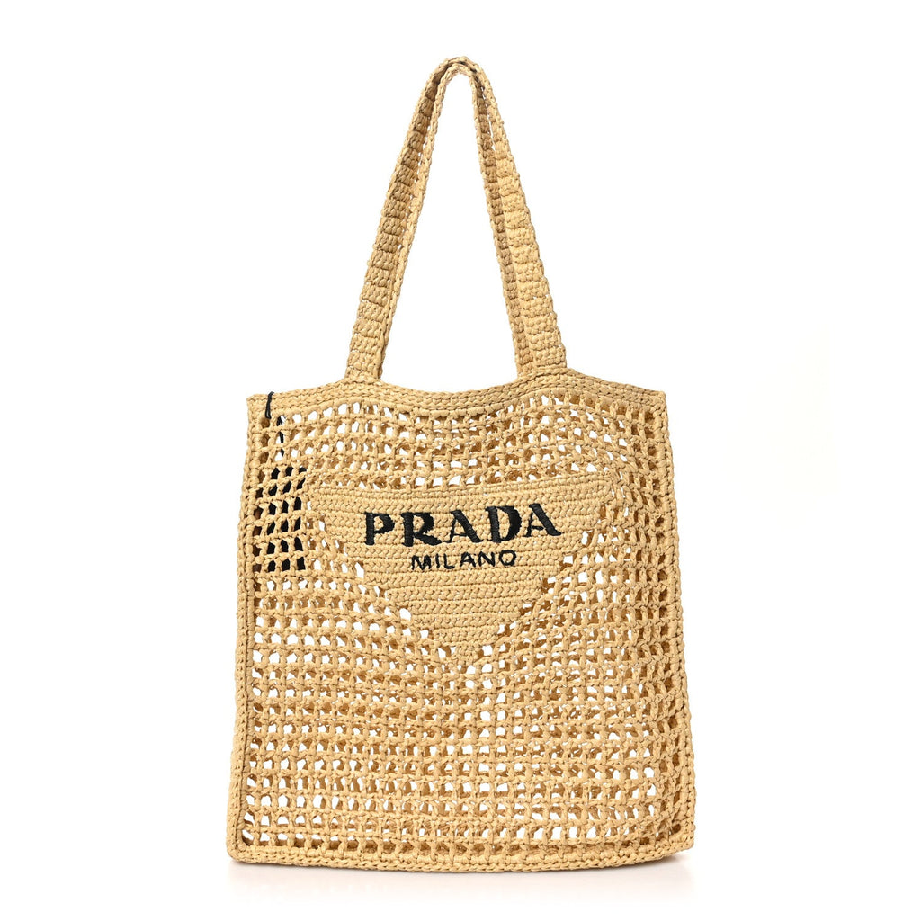 Yarn Raffia Effect Crochet Logo Embroidered Tote Bag Naturale