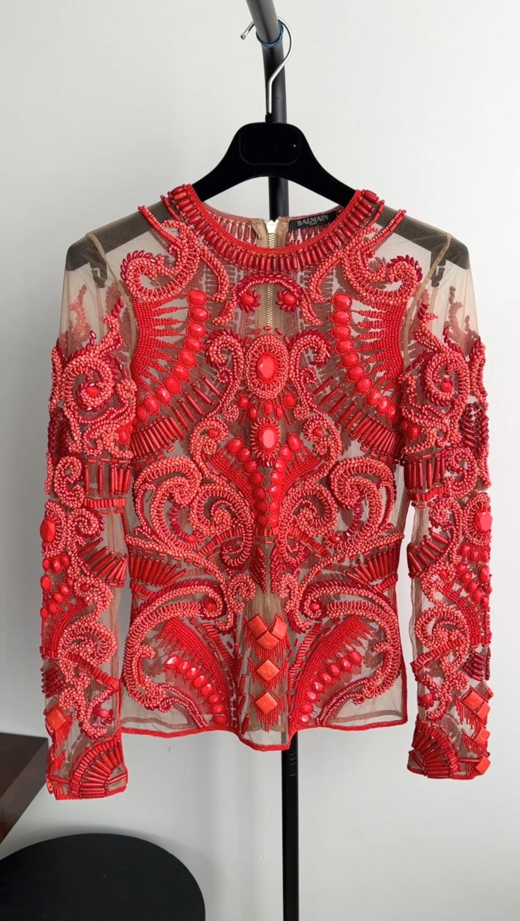 Balmain Red Glass and Wood Heavily Beaded Top - FR36 / S