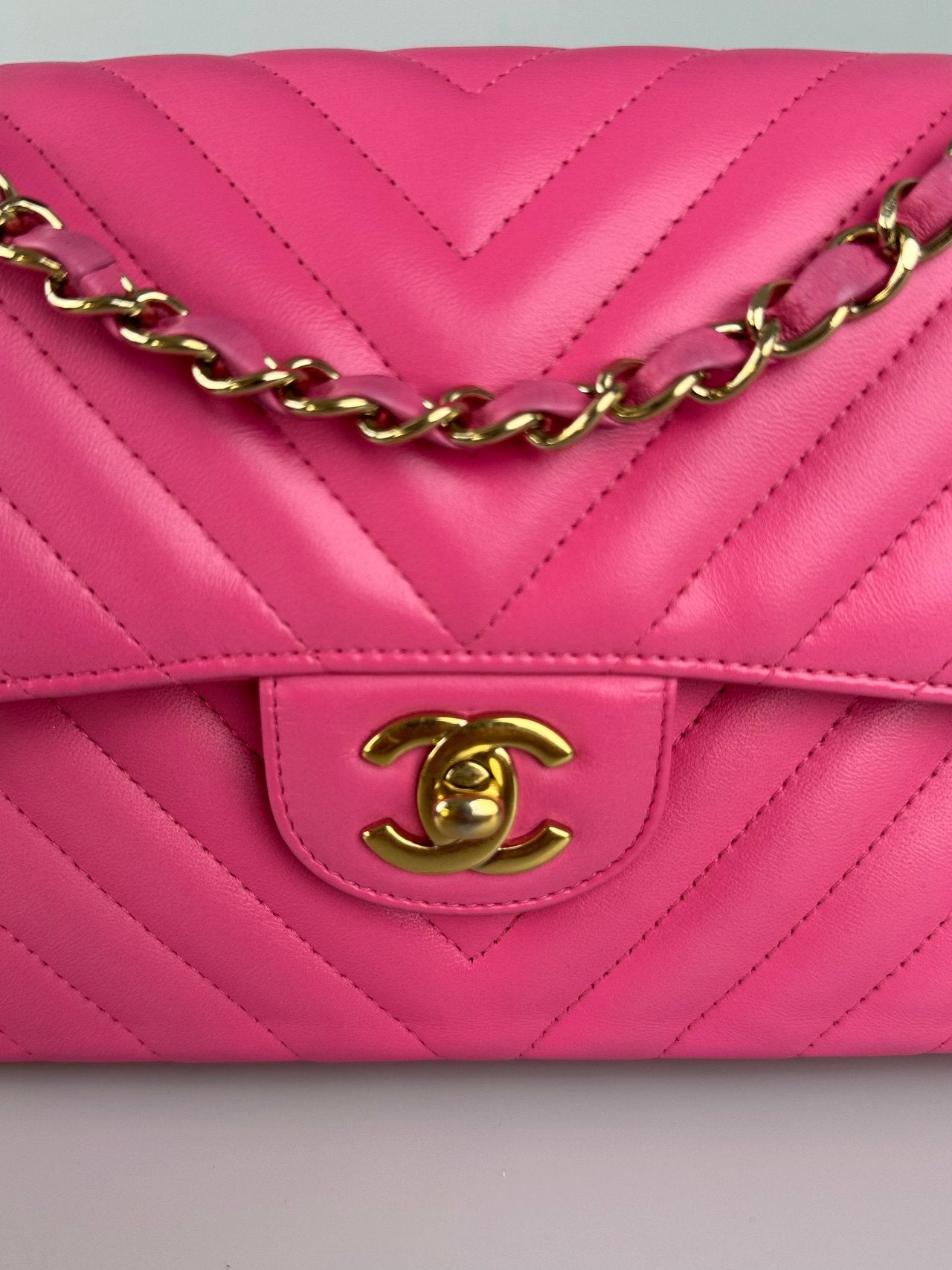 Chanel Small Pink Classic Double Flap Bag in Chevron Lambskin Leather with Gold Hardware