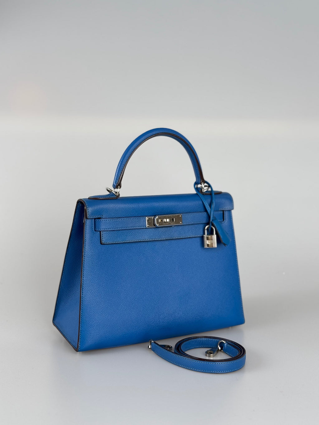 Hermes Kelly 28cm Sellier Bag In Blue Epsom Leather With Silver Hardware