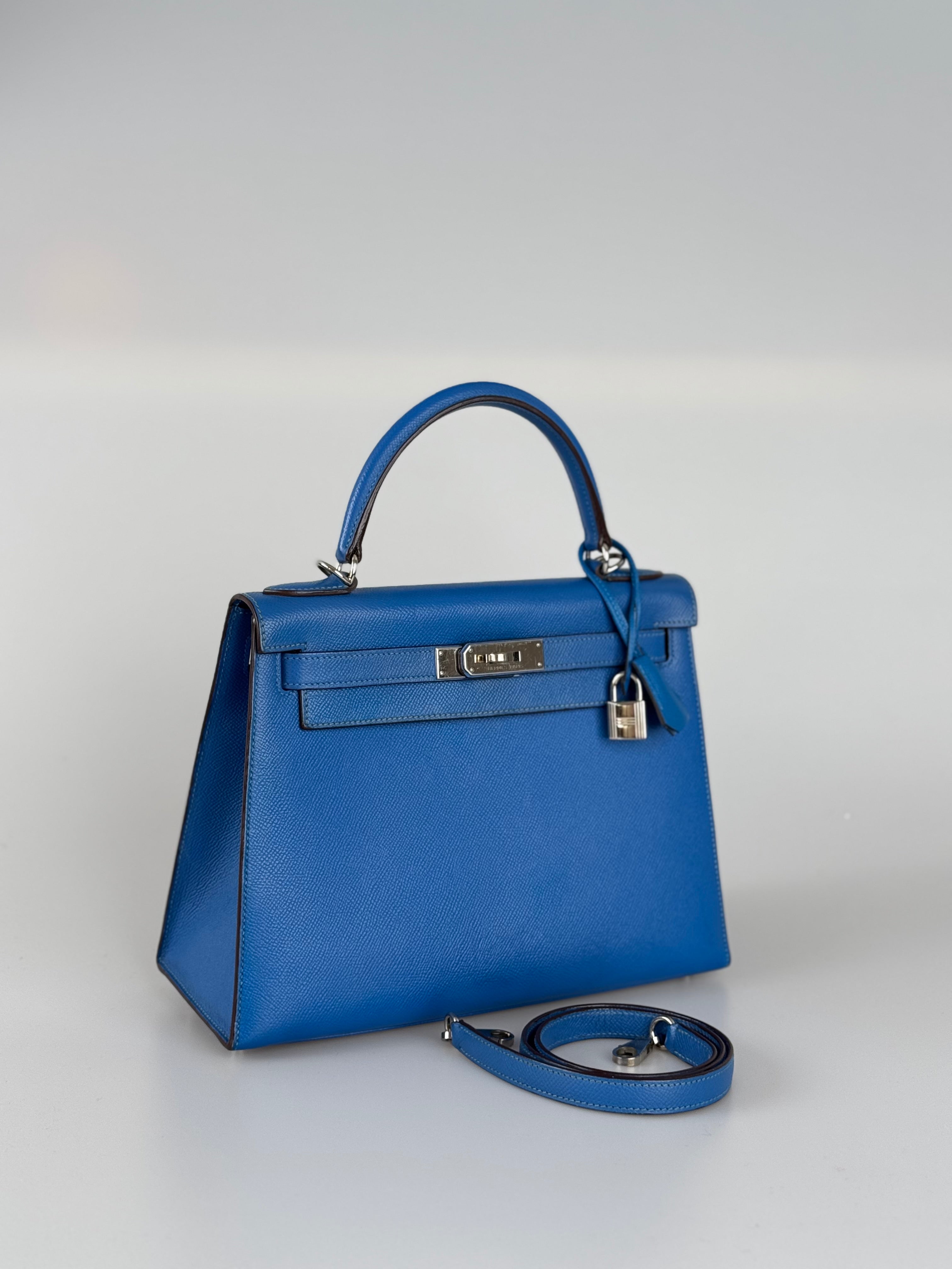 Hermes Kelly 28cm Sellier Bag In Blue Epsom Leather With Silver Hardware