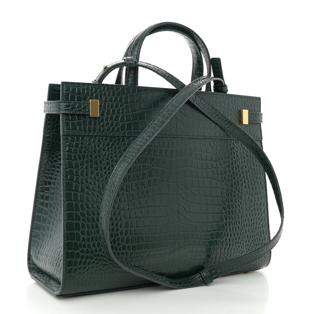 Shiny Calfskin Crocodile Embossed Small Manhattan Shopper Tote Green