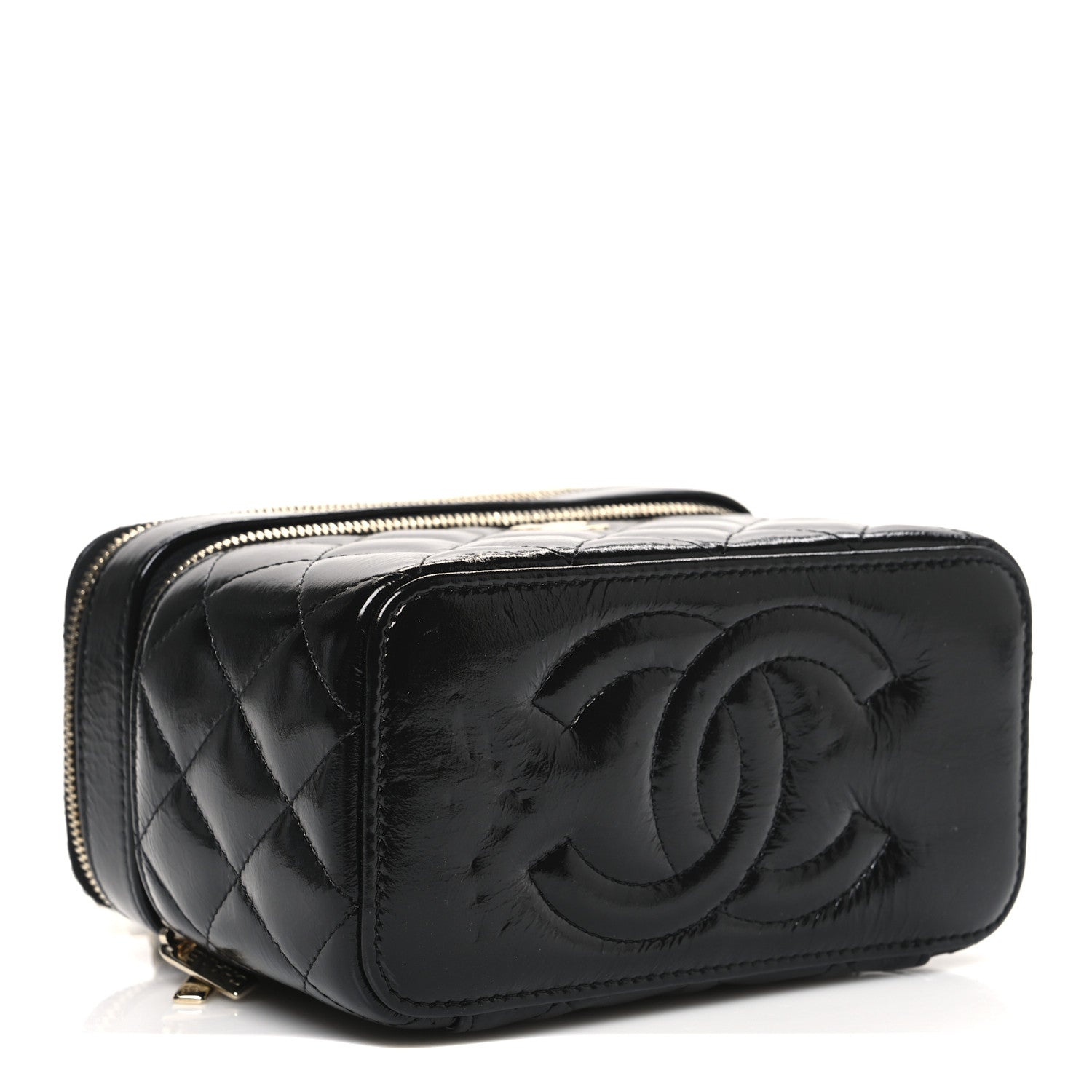 Shiny Lambskin Quilted Top Handle Vanity Case With Chain Black