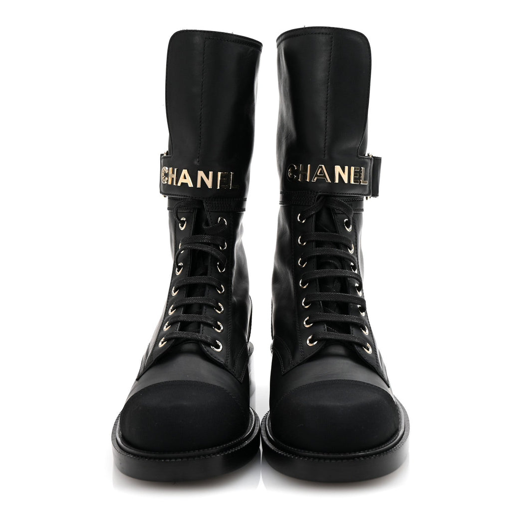 Shiny Calfskin Lace Up Combat Boots 38 Black