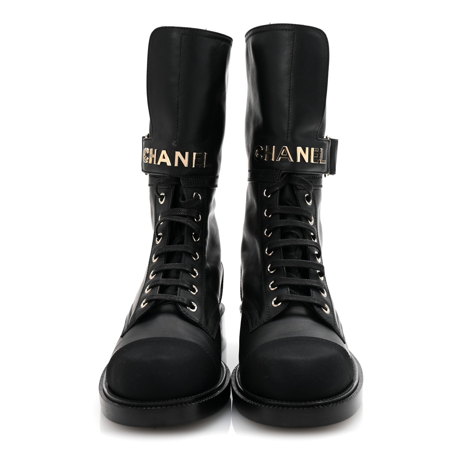 Shiny Calfskin Lace Up Combat Boots 38 Black