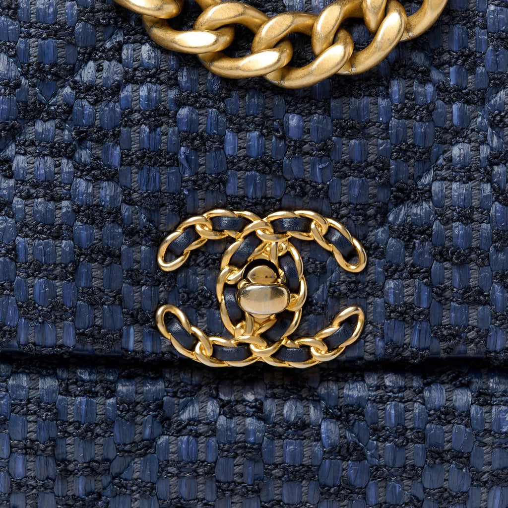 Raffia Tweed Quilted Medium Chanel 19 Flap  Navy
