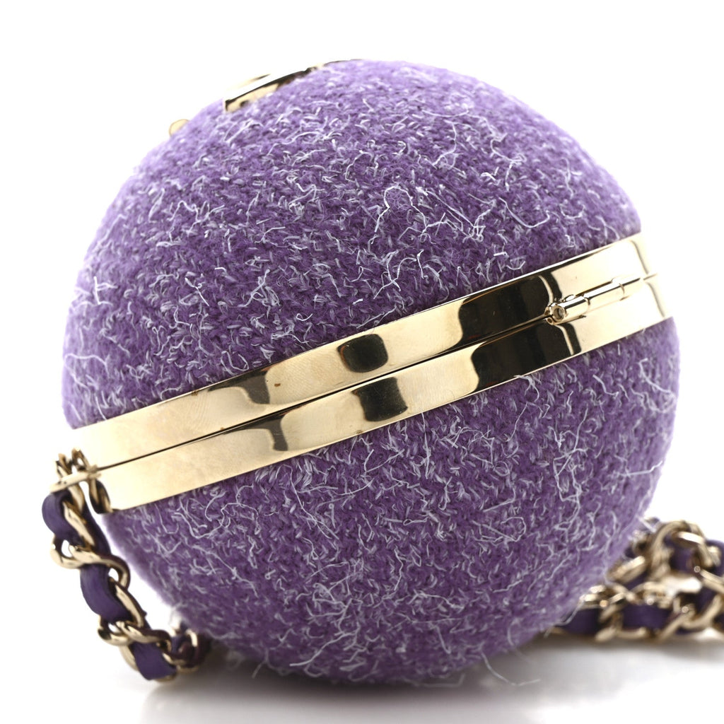 Tweed Minaudiere Round Chain Clutch Purple