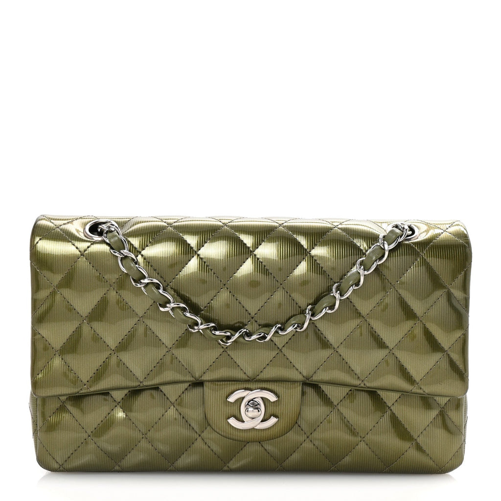 Striated Patent Quilted Medium Double Flap Green
