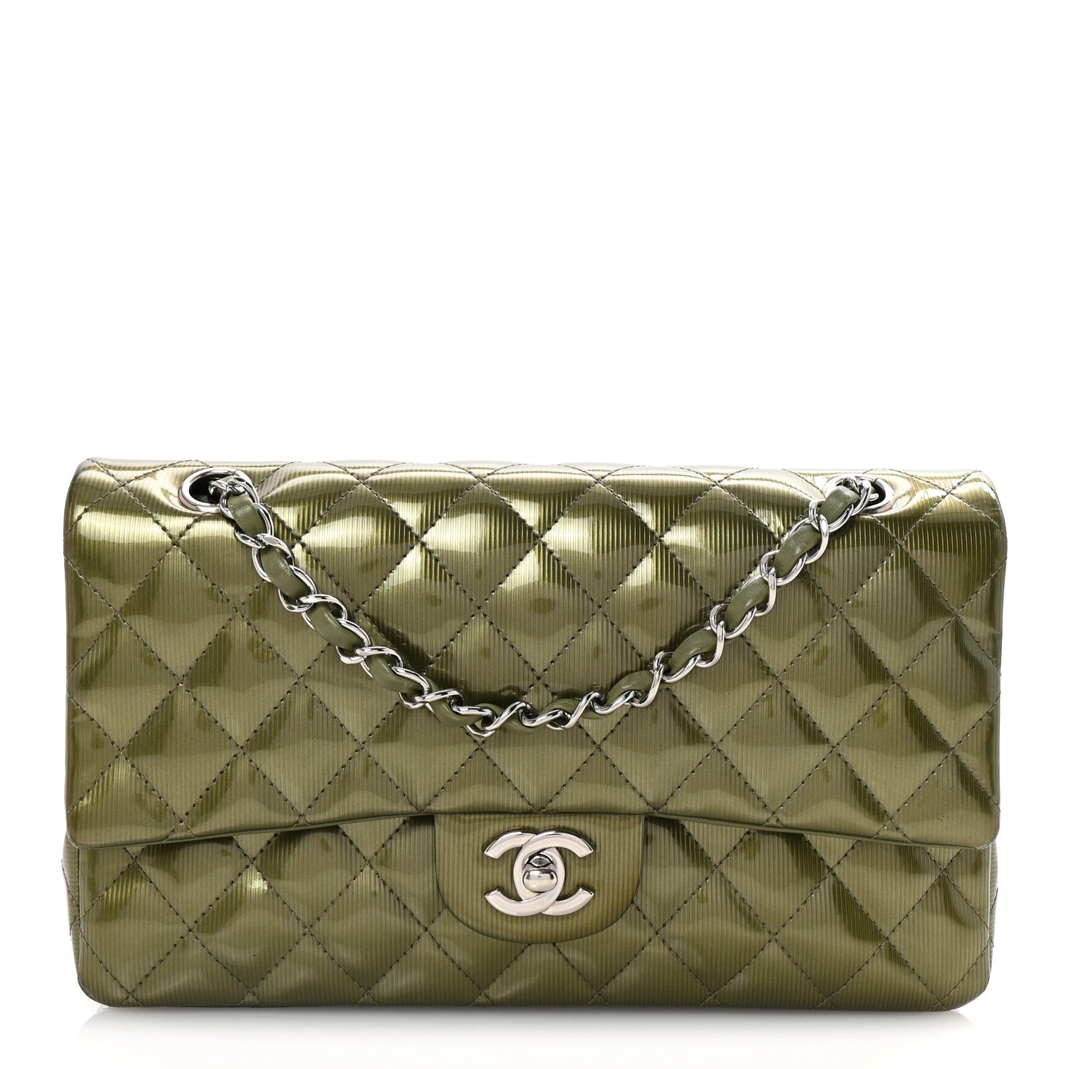 Striated Patent Quilted Medium Double Flap Green
