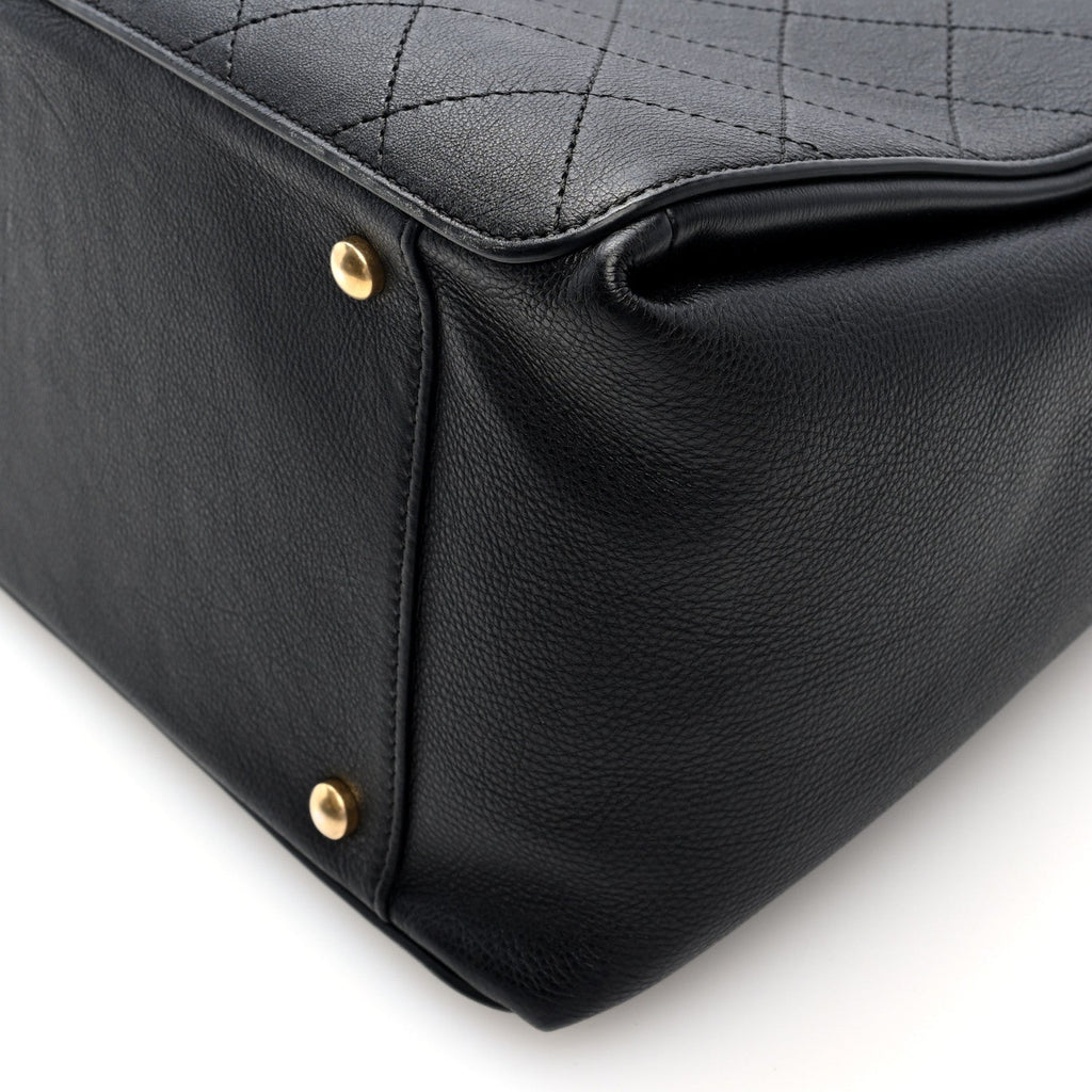 Calfskin Stitched Large Straight Lines Shopping Tote Black