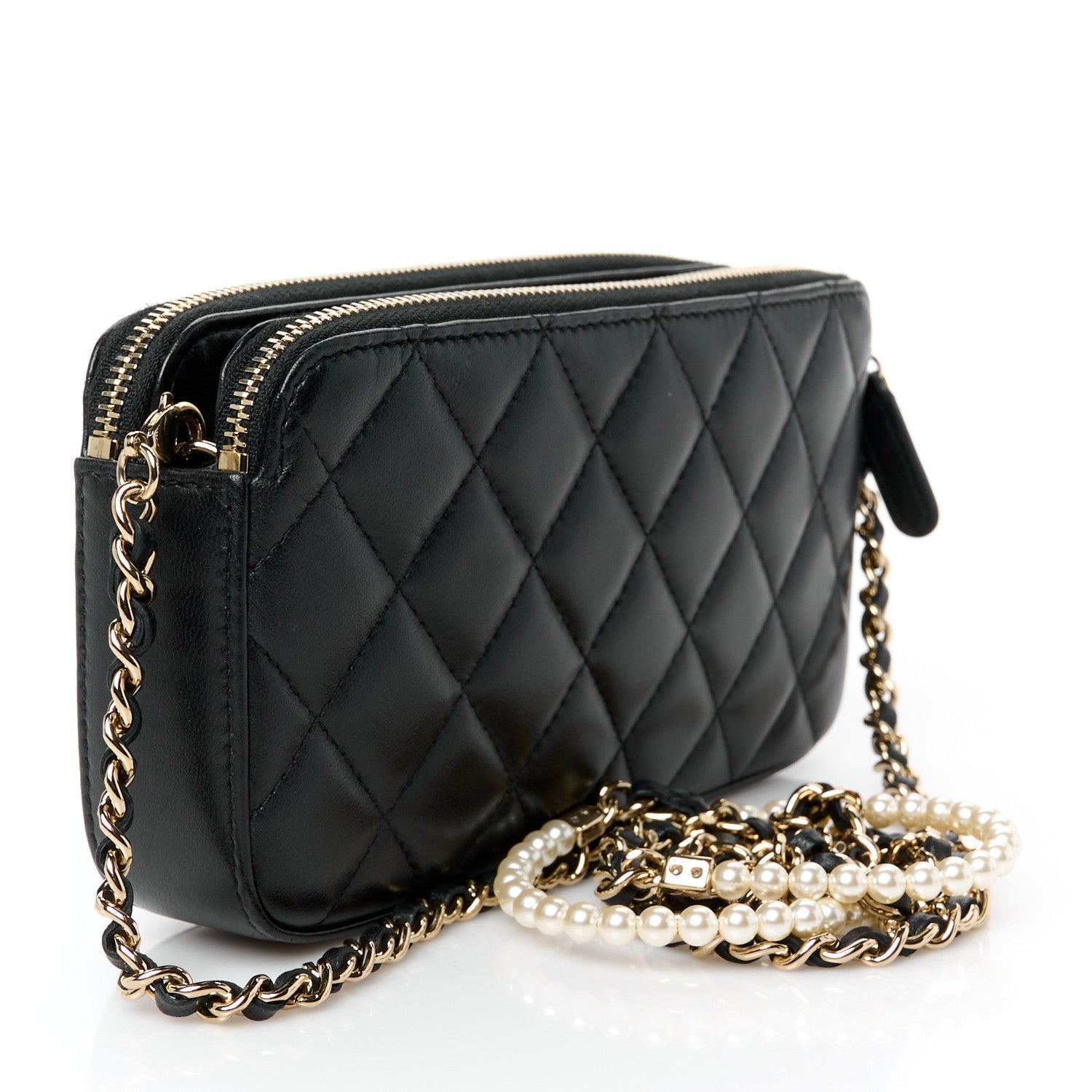 Lambskin Quilted Pearl Clutch With Chain Black
