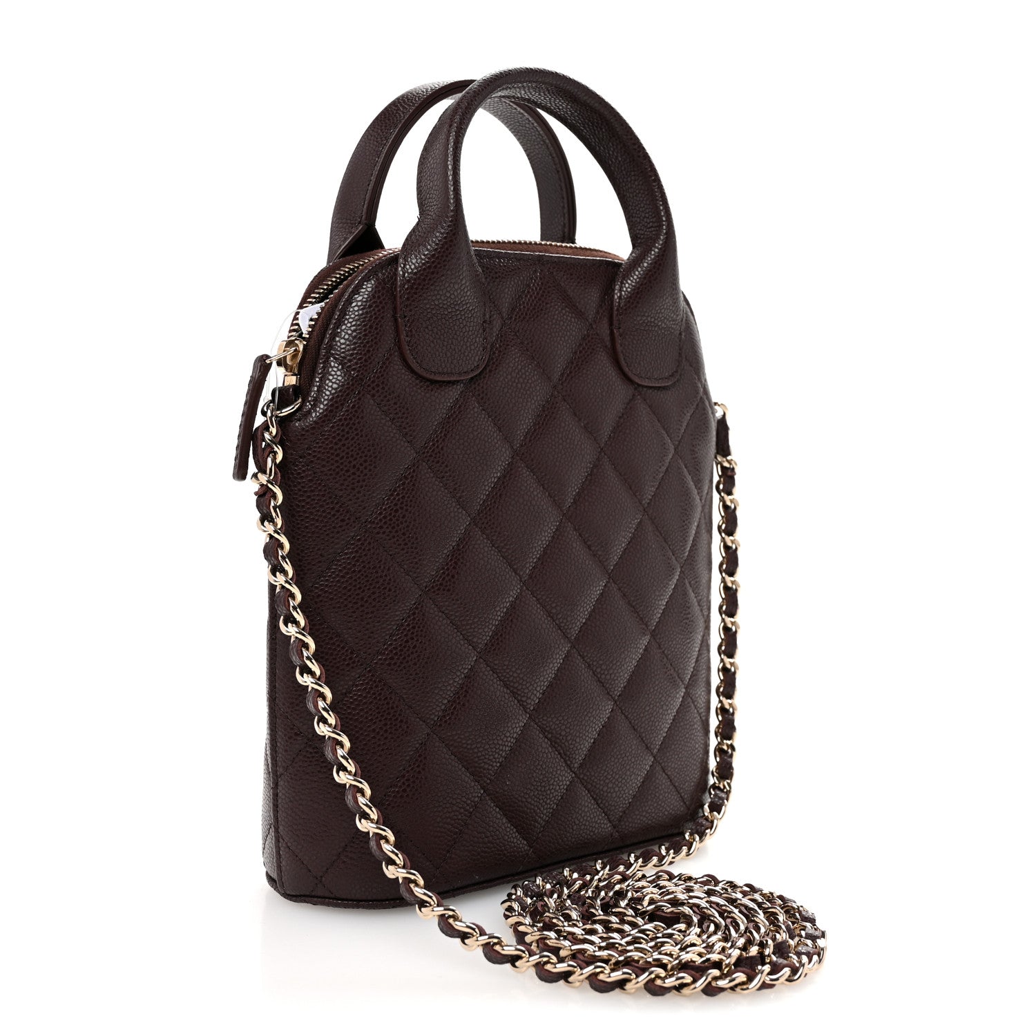 Caviar Quilted Top Handle Clutch With Chain Dark Brown