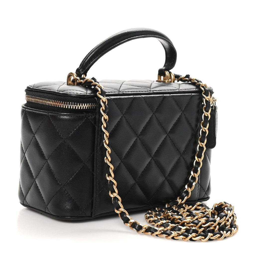 Lambskin Quilted Small Top Handle Vanity Case With Chain Black