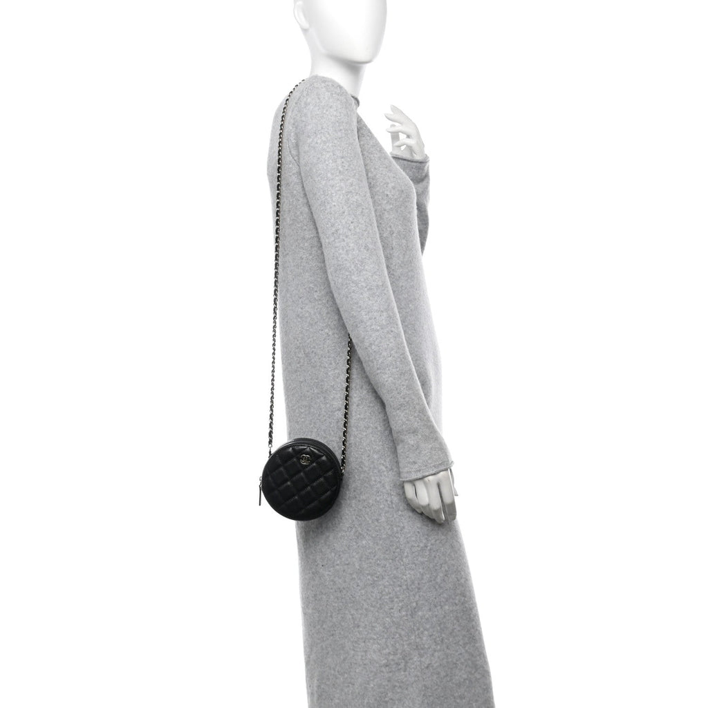 Caviar Quilted Round Clutch With Chain Black