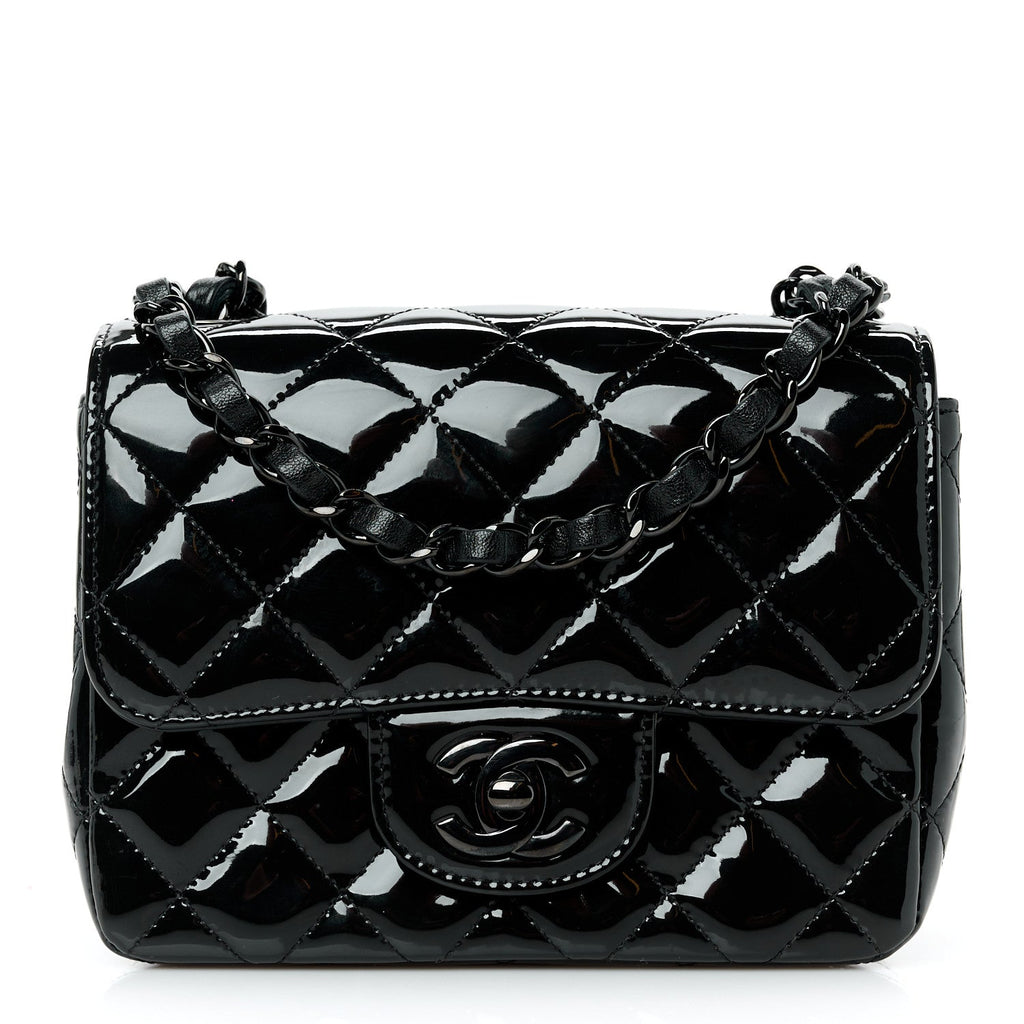 Patent Calfskin Quilted Mini Square Flap So Black