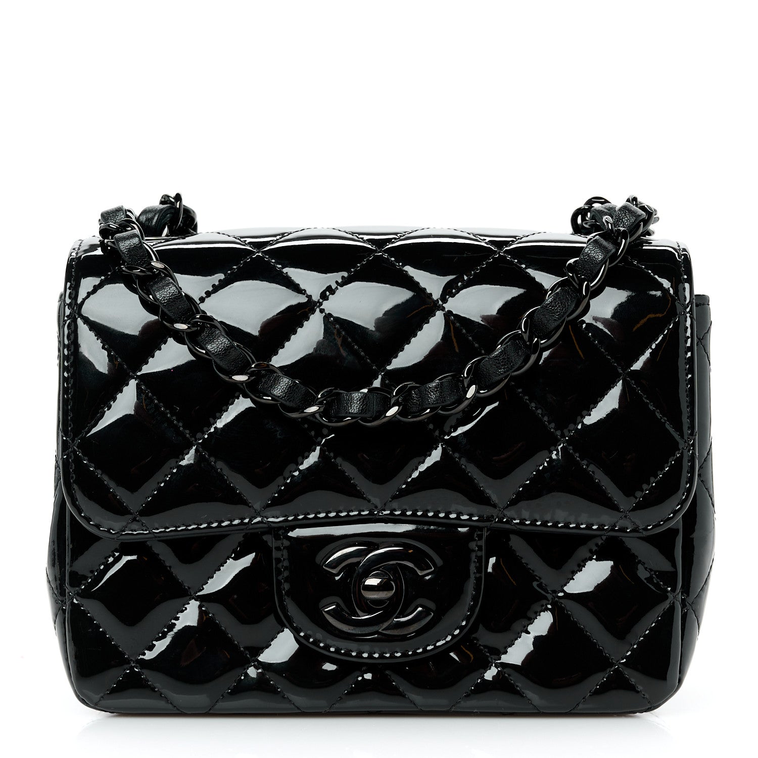 Patent Calfskin Quilted Mini Square Flap So Black