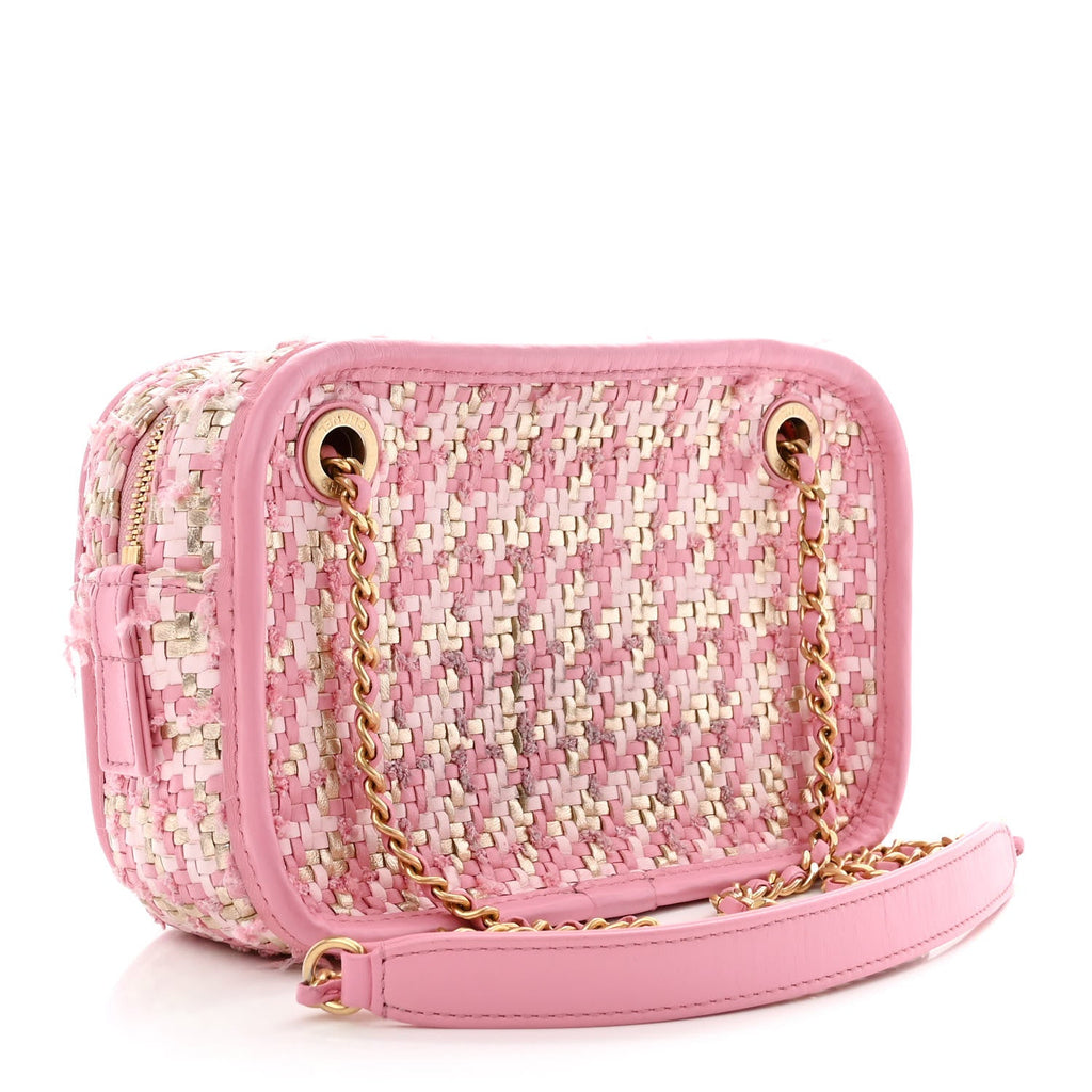 Metallic Lambskin Viscose Woven Camera Case Rose Beige