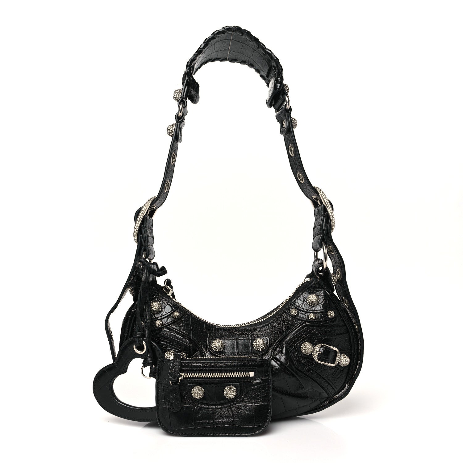 Extra Supple Calfskin Crystal Crocodile Embossed Le Cagole Shoulder Bag XS Black
