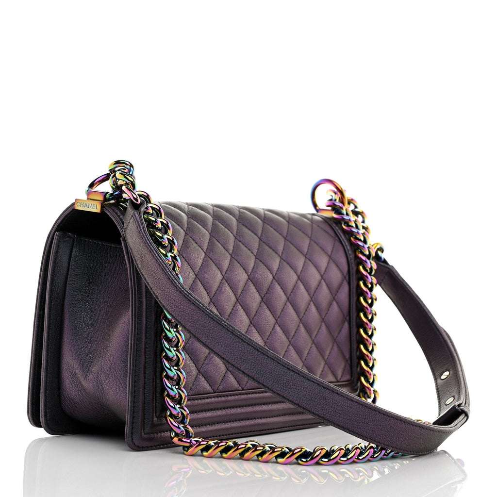 Iridescent Goatskin Quilted Medium Boy Flap Purple