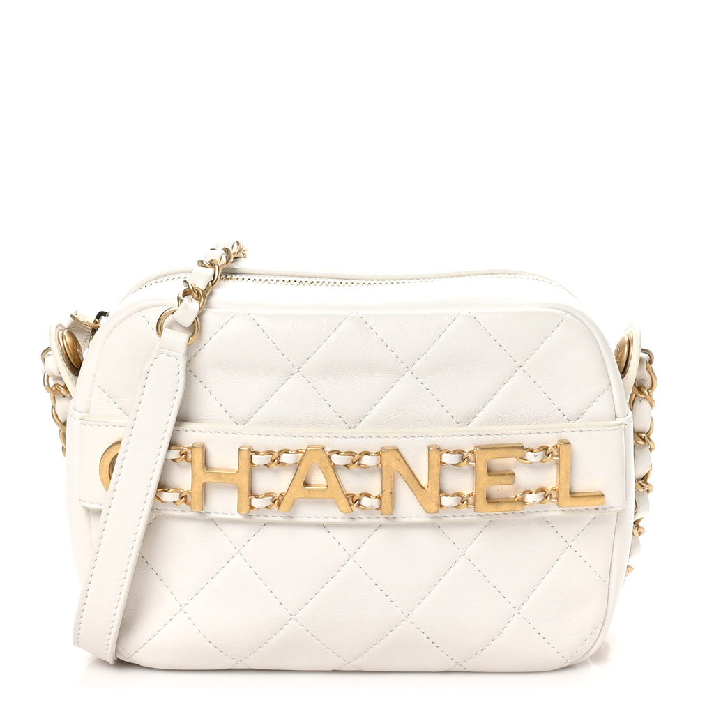 Calfskin Quilted Enchained Camera Case Bag White