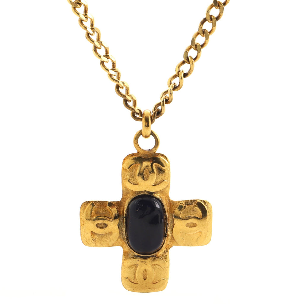 Vintage CC Cross Pendant Necklace Metal with Gripoix