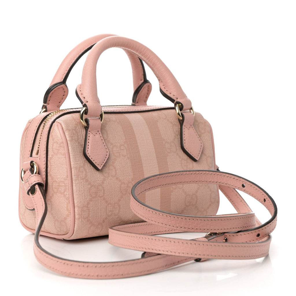 GG Supreme Monogram Textured Dollar Calfskin Web Super Mini Ophidia Top Handle Bowler Bag Rose Pink