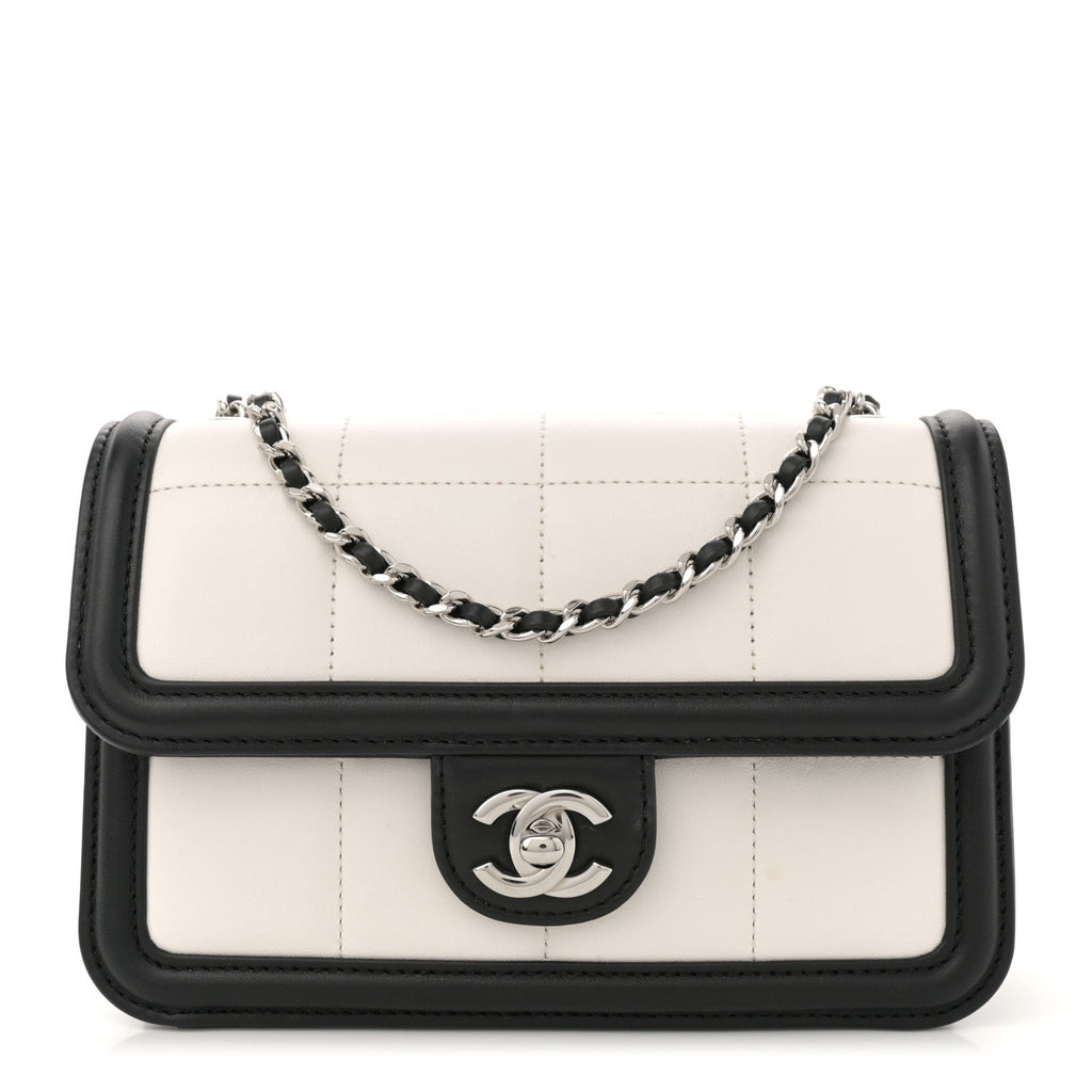 Lambskin Calfskin Mini Chocolate Bar Flap Bag White Black