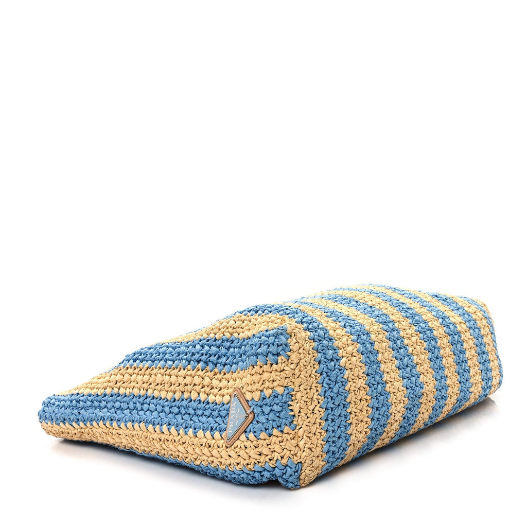 Yarn Raffia Effect Crochet Striped Large Logo Tote Naturale Celeste