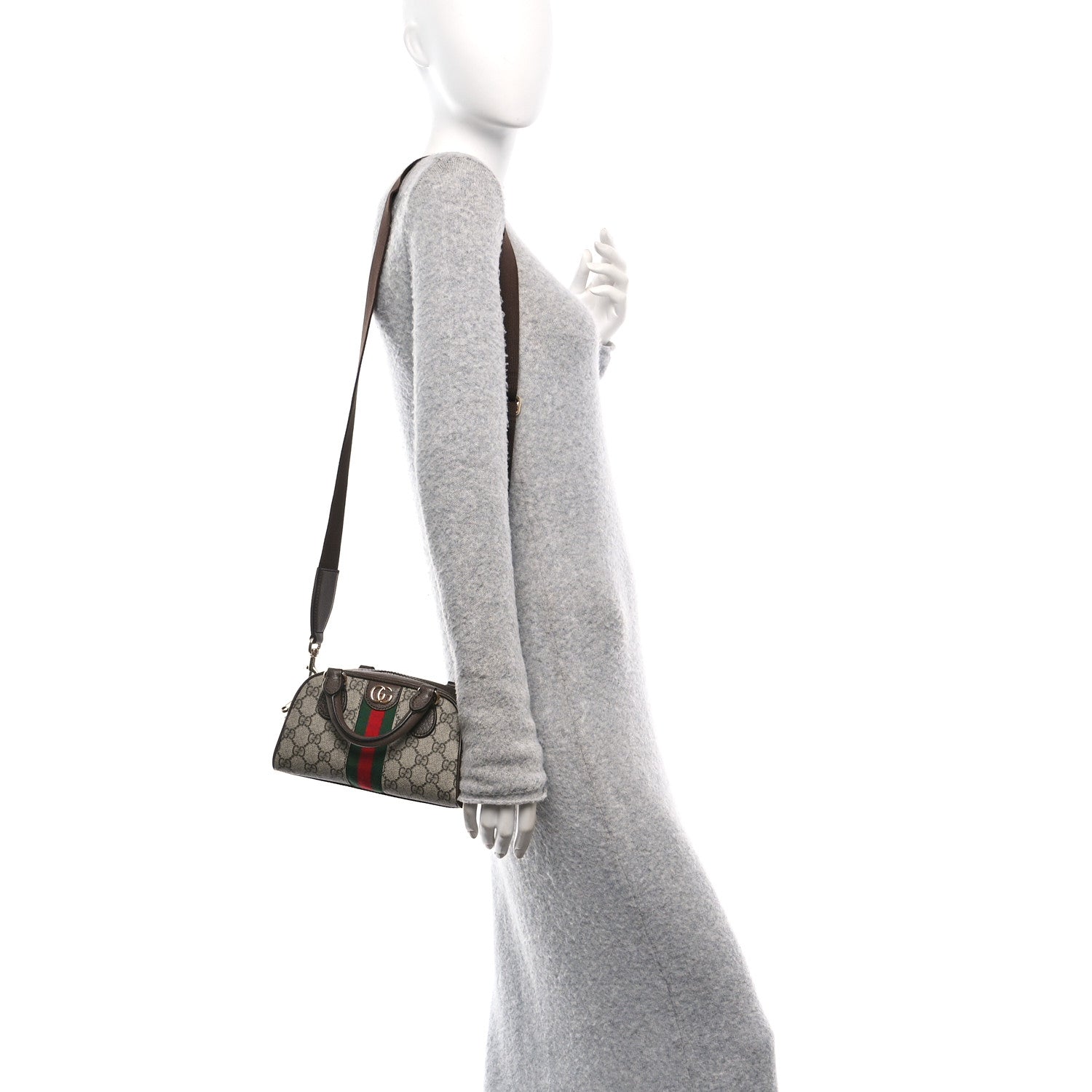 GG Supreme Monogram Textured Dollar Calfskin Web Mini Ophidia Top Handle Bowler Bag Beige Ebony New Acero