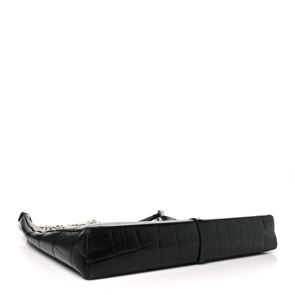 Calfskin Crocodile Embossed Large Cut Out Shoulder Bag Black