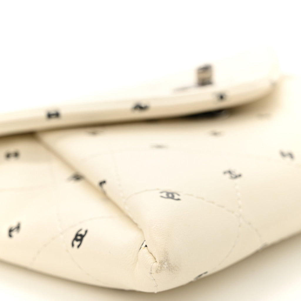Printed Lambskin Logo CC Envelope Clutch With Chain White