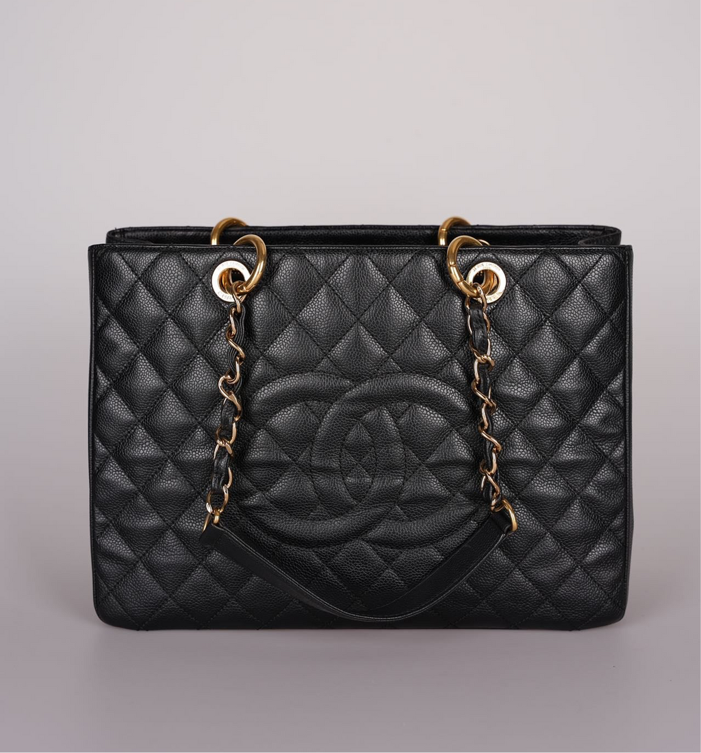Chanel GST Medium Black Quilted Caviar Leather Tote Bag with Gold Hardware