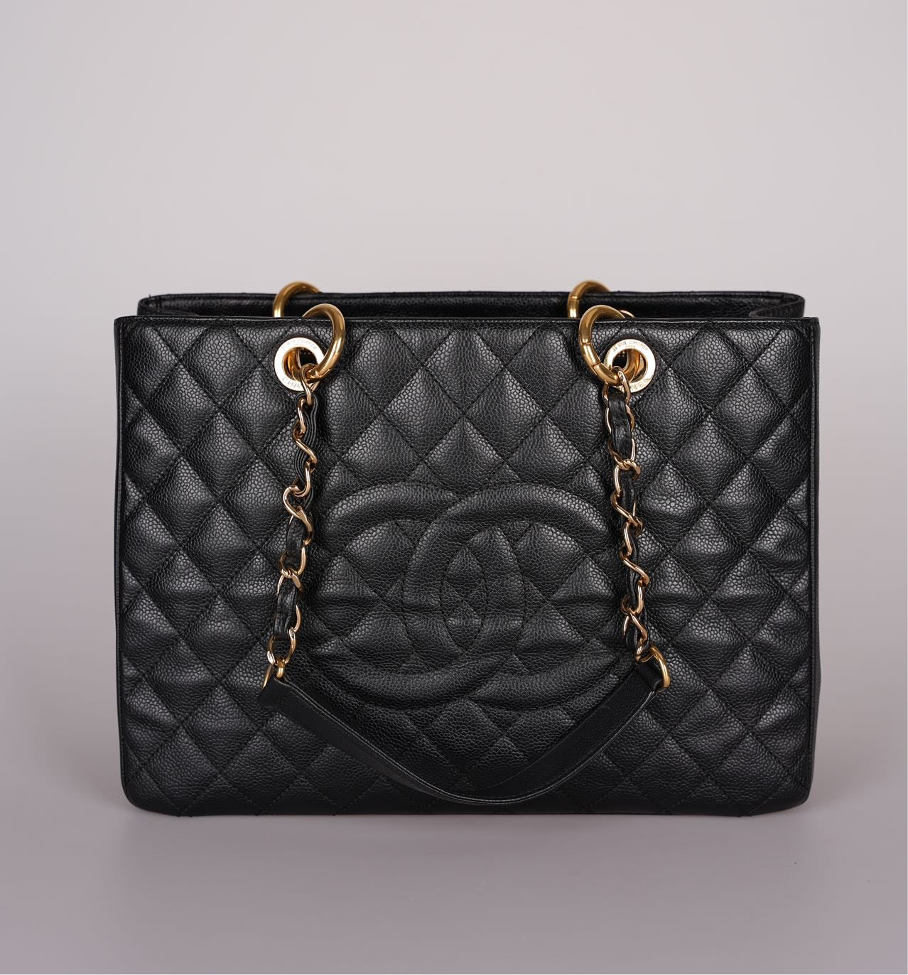 Chanel GST Medium Black Quilted Caviar Leather Tote Bag with Gold Hardware