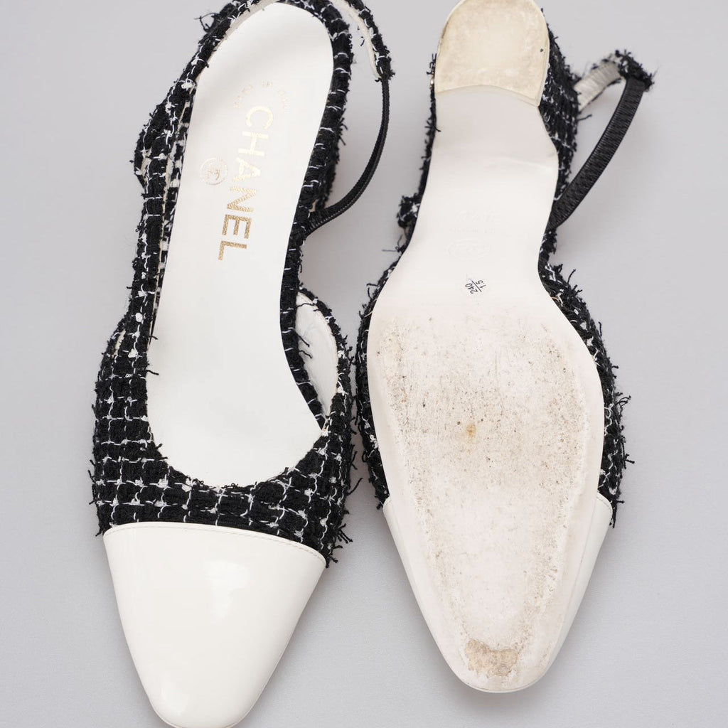 Chanel Black Tweed Slingback Pumps With White Cap Toe 38.5