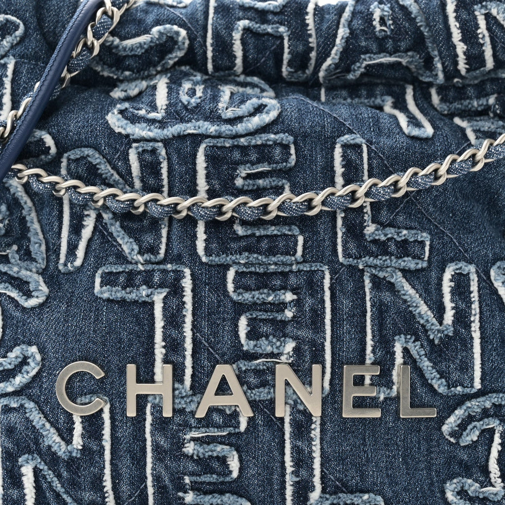 Washed Denim Logo Embroidered Mini Chanel 22 Blue