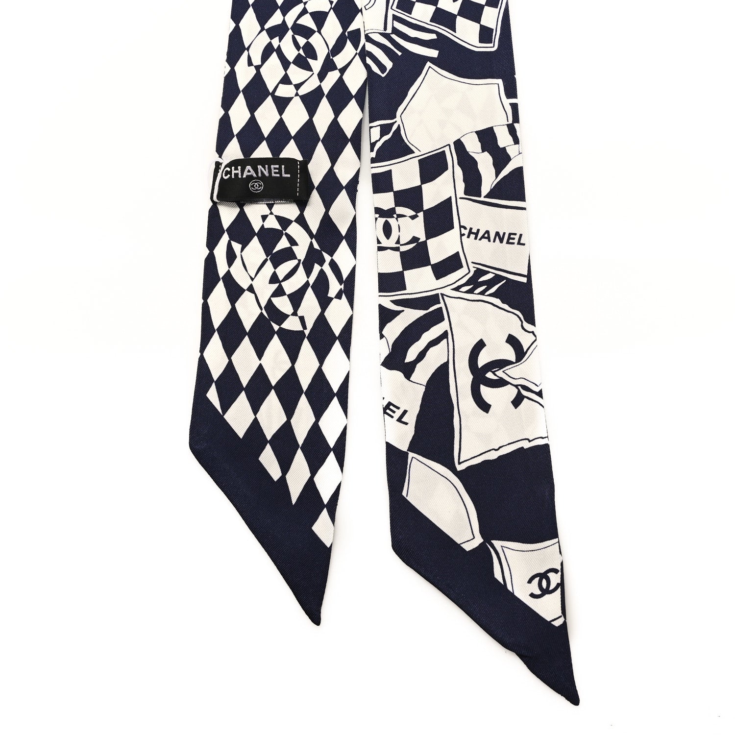 Silk CC Slim Bandeau Scarf Navy Blue White