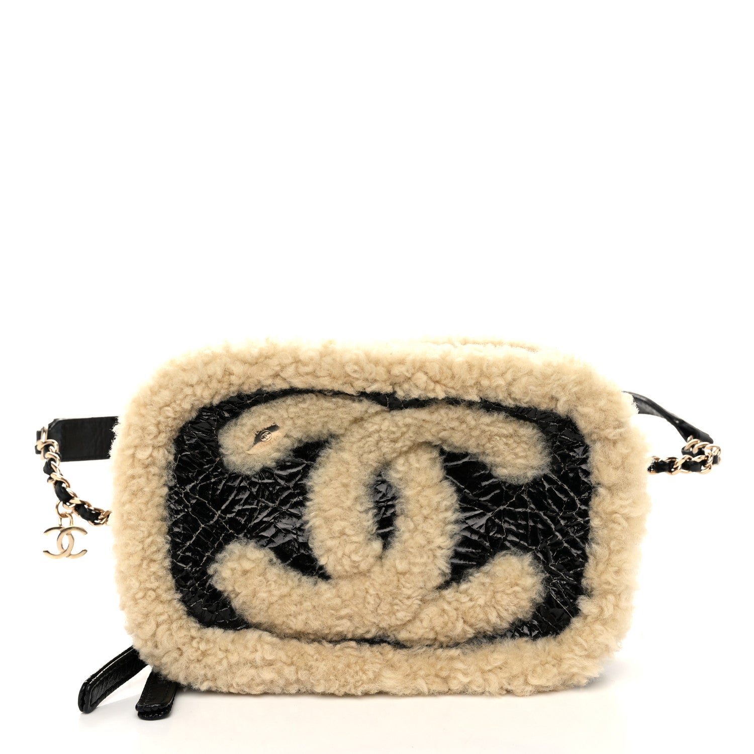 Shiny Crumpled Sheepskin Shearling Waist Bag Black Beige