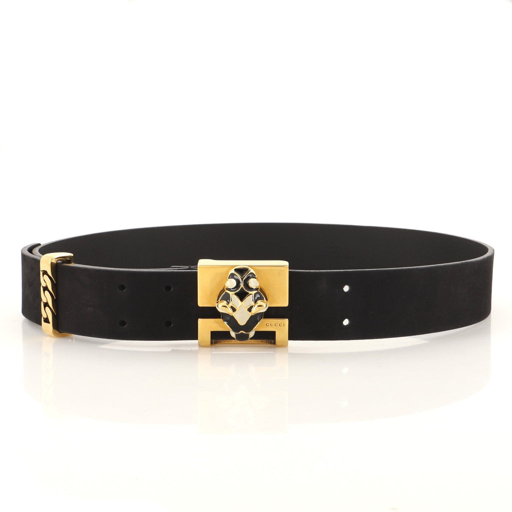 Feline Head Square Buckle Belt Leather with Metal and Enamel Medium 90
