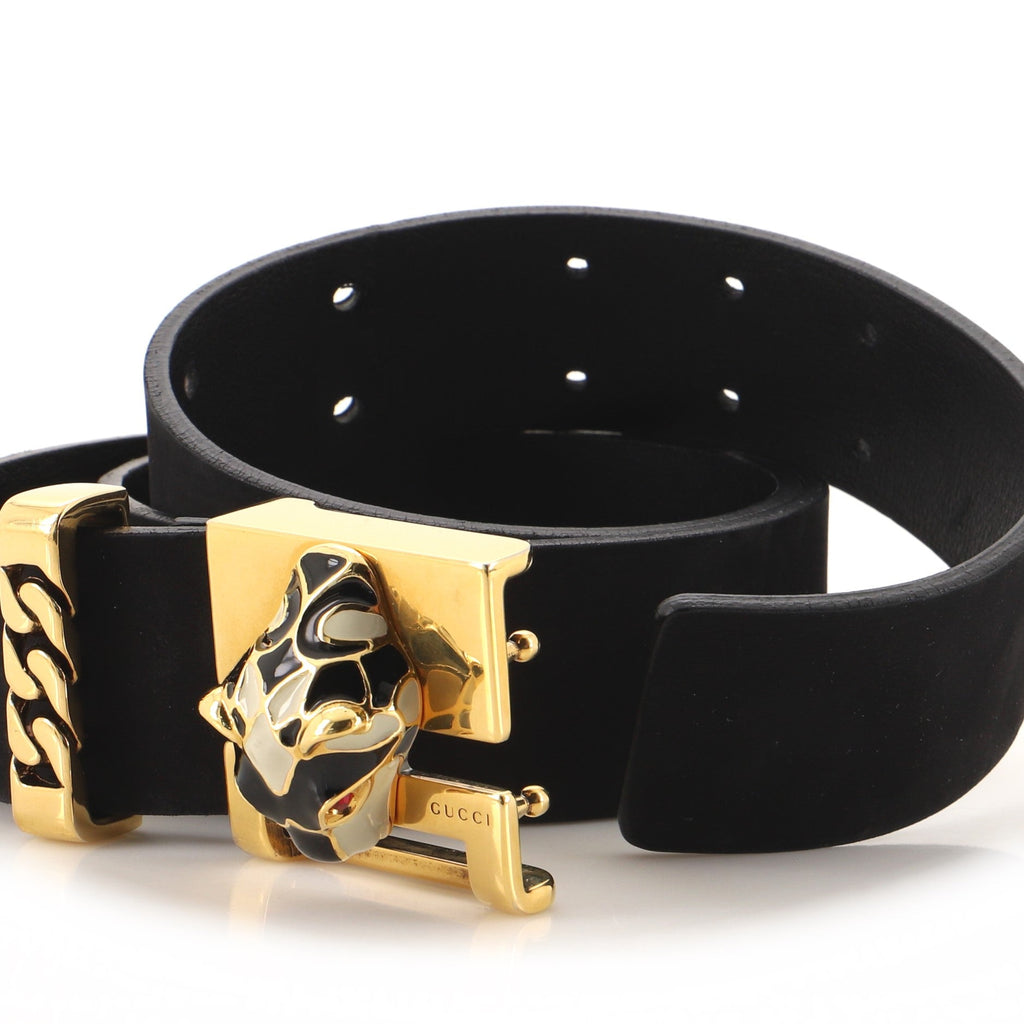 Feline Head Square Buckle Belt Leather with Metal and Enamel Medium 90