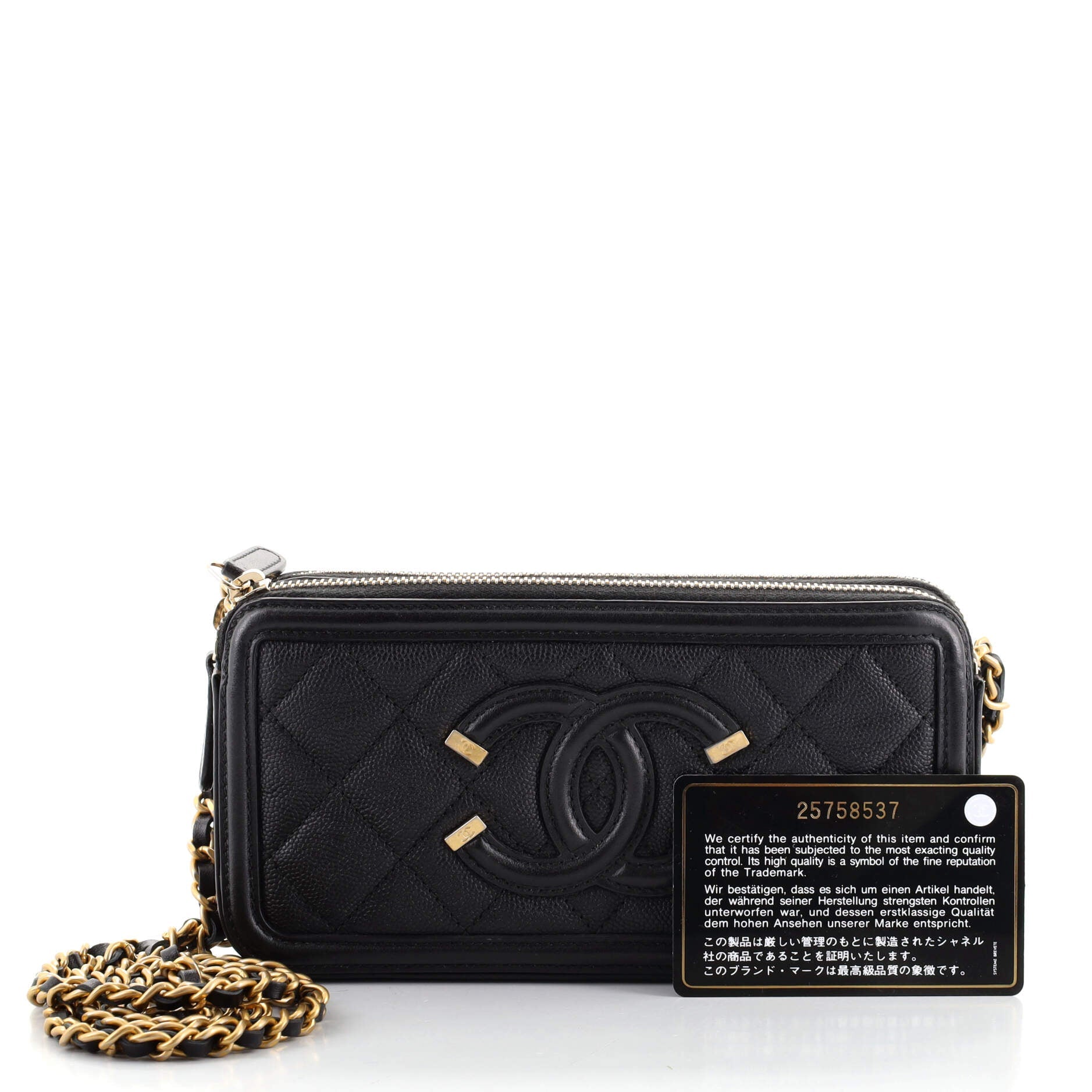Filigree Double Zip Clutch with Chain Quilted Caviar
