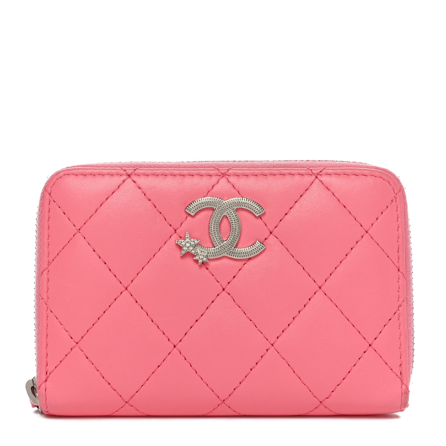 Lambskin Crystal Star Quilted Studded CC Zip Around  Holder Wallet Pink