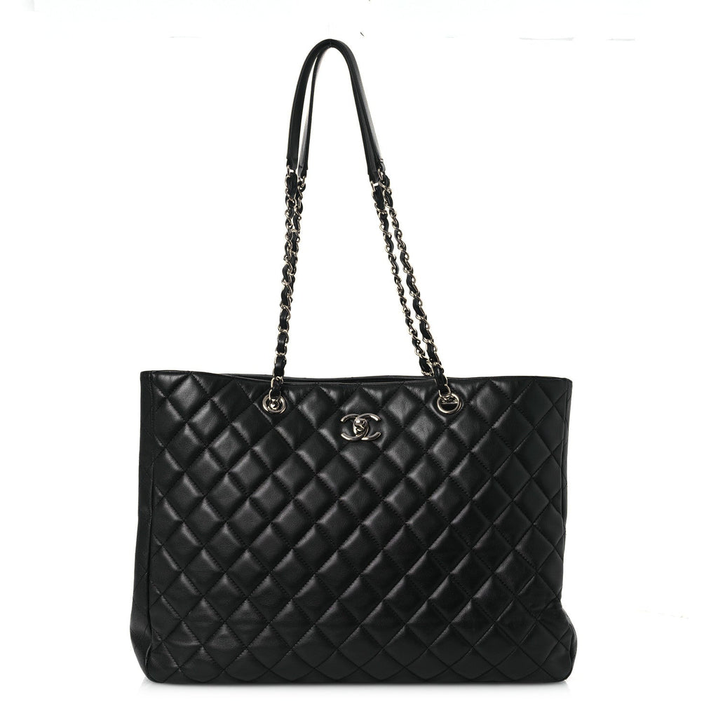 Calfskin Quilted Large CC Shopping Tote Black