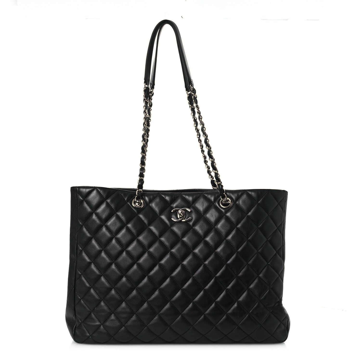 Calfskin Quilted Large CC Shopping Tote Black
