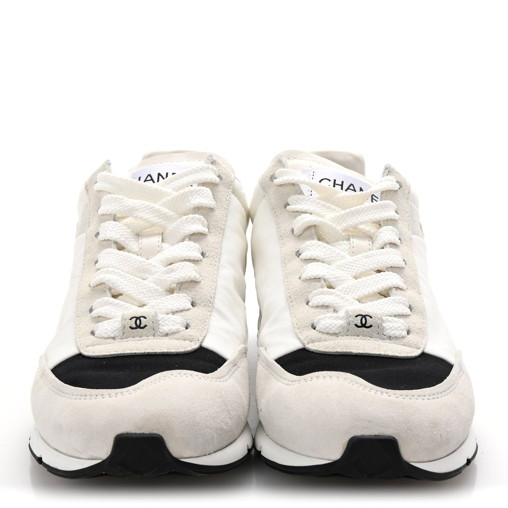 Nylon Suede Kidskin Calfskin Logo Sneakers 37 White Black