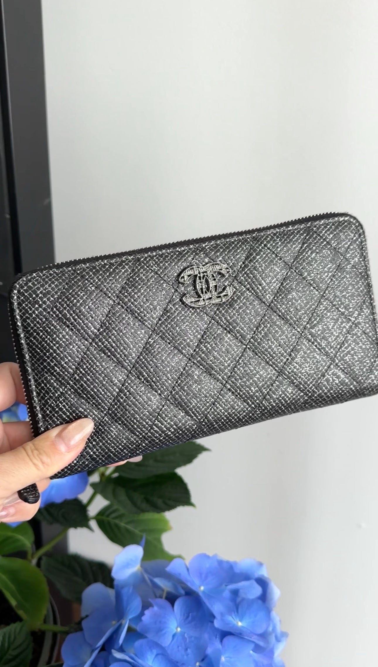 Chanel Black and Silver Leather Quilted CC Zip Continental Wallet