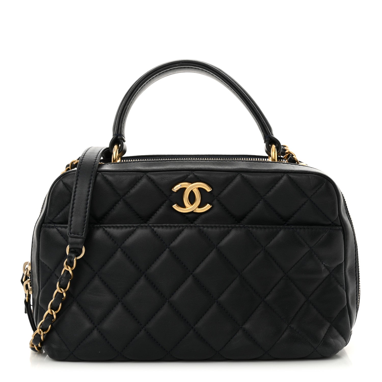 Lambskin Quilted Medium Trendy CC Bowling Bag Navy