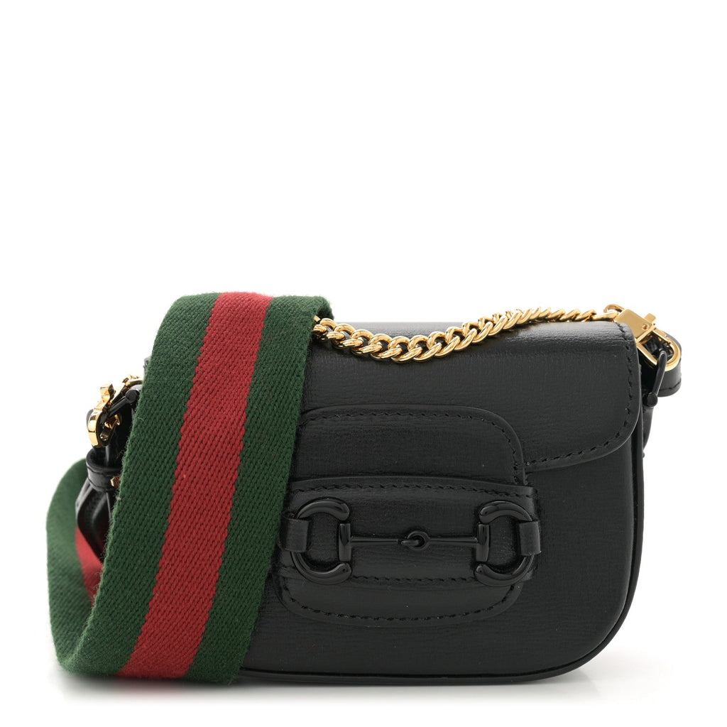 Azalea Calfskin Web Monochrome Horsebit 1955 Wallet On Strap  Black