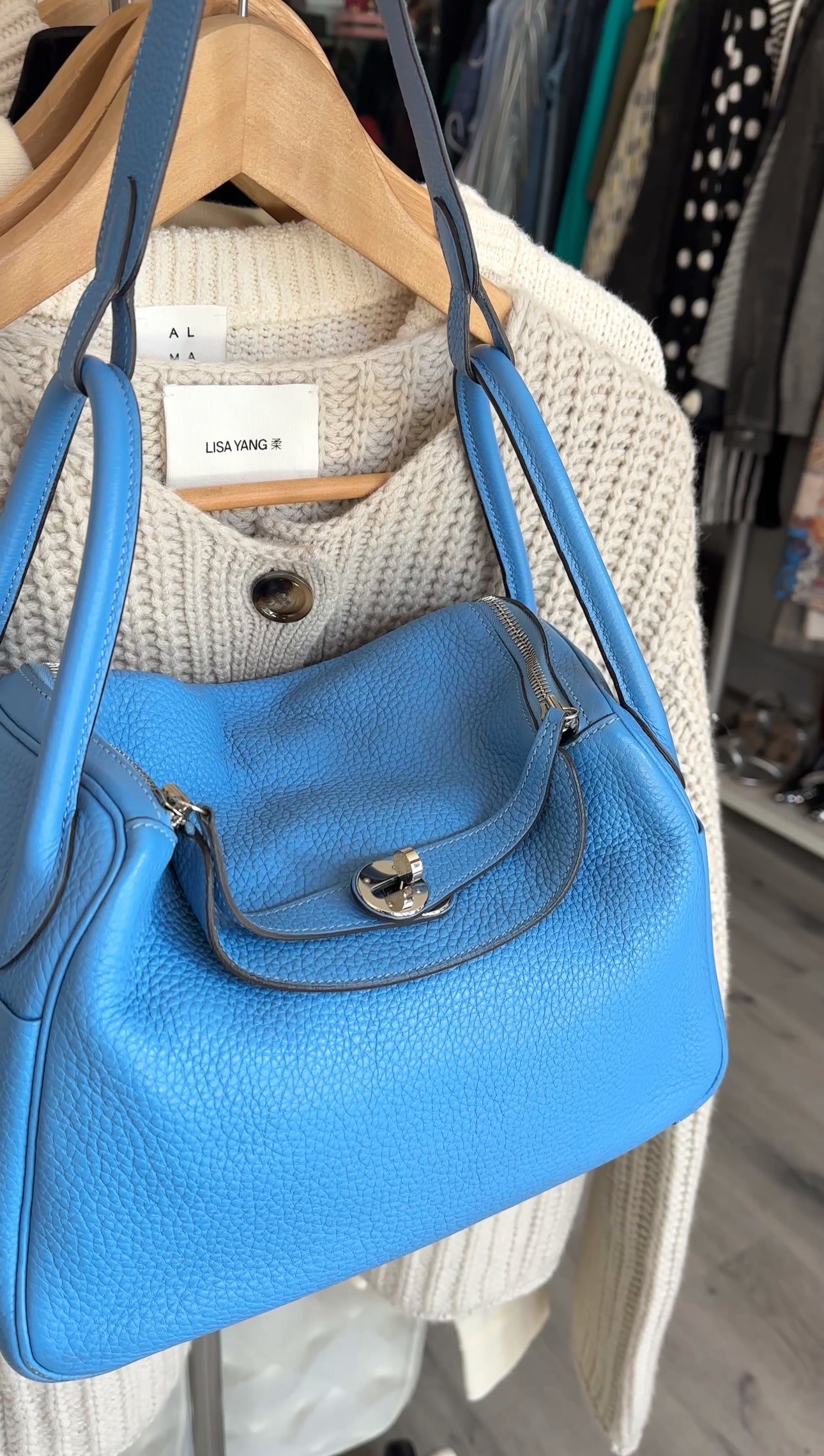 Hermes Blue Jean Clemence Leather Lindy 30 Bag PHW